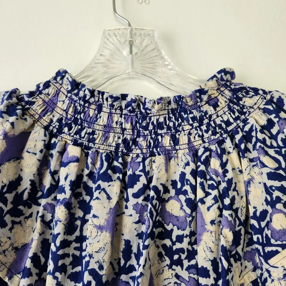 Free People Top Women's XS Blue Willow Printed Smocked Puff Sleeve Tie Babydoll